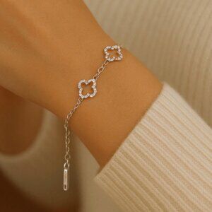 Silver Tone Clover Link Adjustable Bracelet with Pavé Rhinestone Accents New NWT